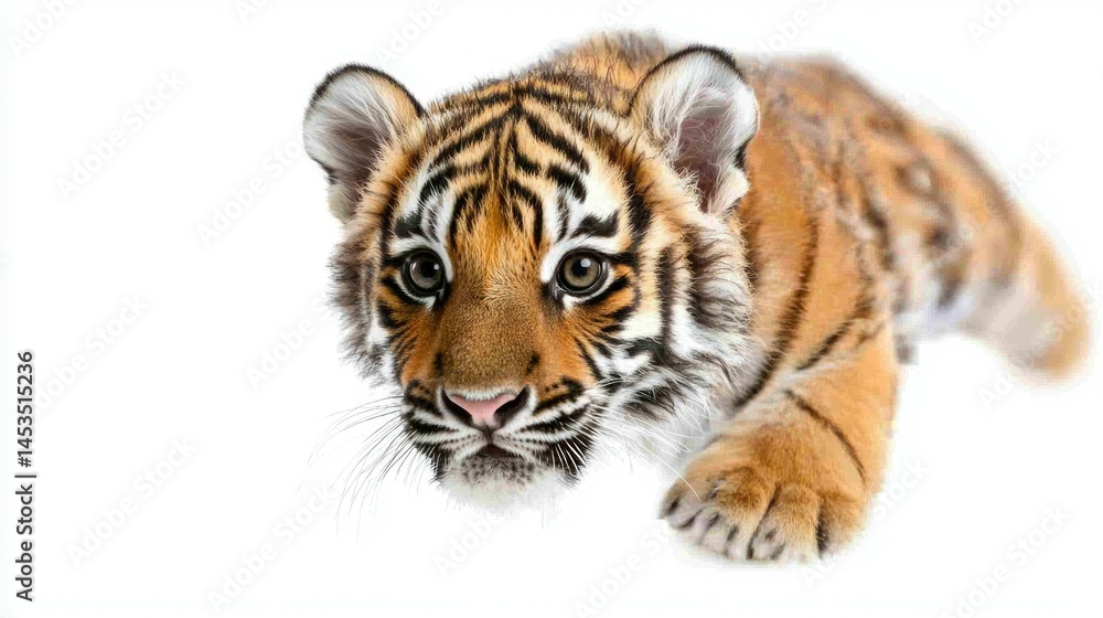Fototapeta premium A striped orange tiger cub gazes intently forward, posed against bright white