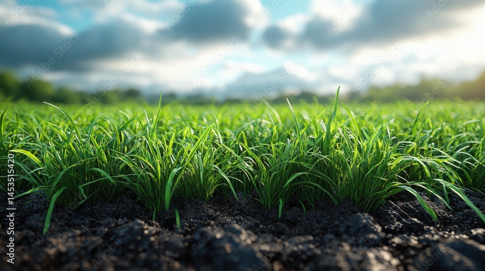 Obraz premium Field with green grasses in focus with cloudy sky and green trees behind