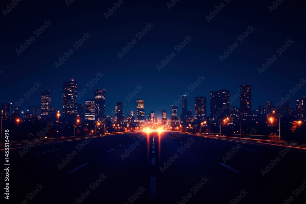 Fototapeta premium Night city view from road. Car lights illuminate way ahead, buildings glow dimly in the darkness