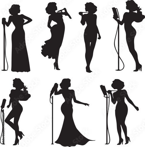 Vintage Silhouette Illustrations: Female Jazz Singers with Microphones - Retro Style Vector Graphics for Music and Design Projects