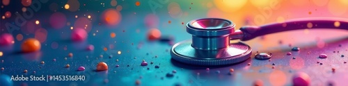 Close-up of stethoscope, vibrant abstract splash, health, illustration