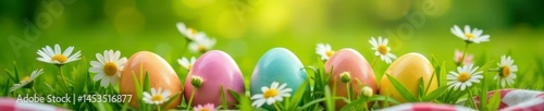 Colorful Easter eggs nestled in spring grass on a picnic blanket with cheerful daisies , tradition, picnic, park
