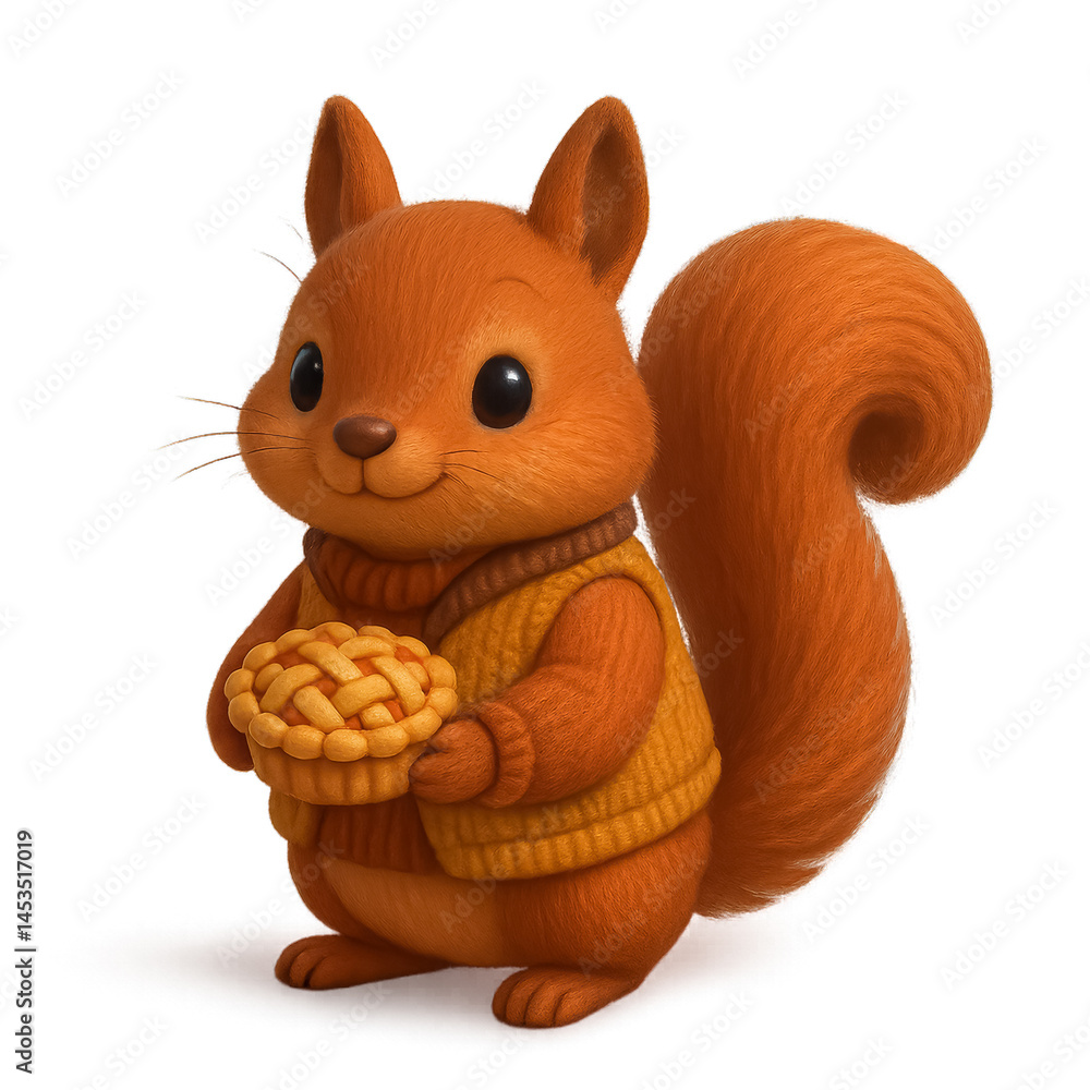 Fototapeta premium Adorable Squirrel Holding a Pie in Autumn Outfit with Leaves