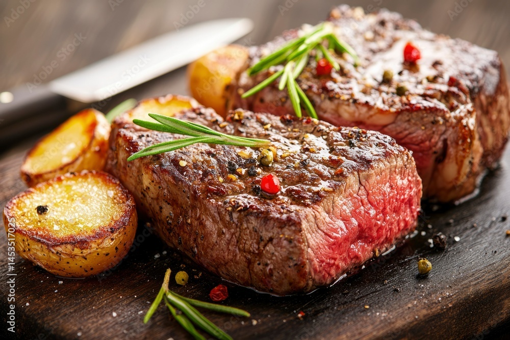 Delicious grilled steaks with potatoes on wooden cutting board, garnished with spices Delicious grilled steaks with potatoes on wooden cutting board, garnished with spices