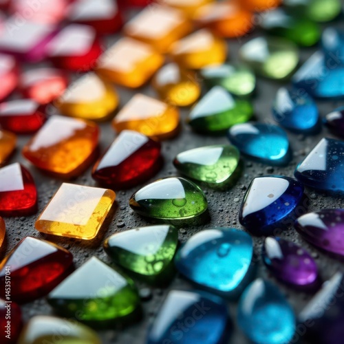 Colorful glass pieces arranged on a surface for mosaic crafting , kid's craft, mosaic