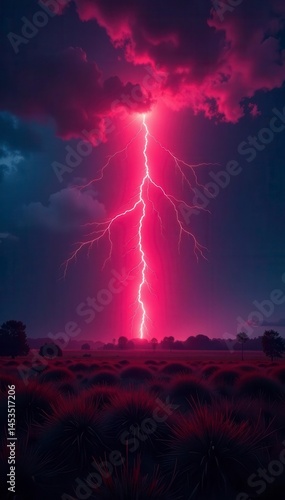 Fiery red lightning streak, vast landscape illuminated , intense, weather
