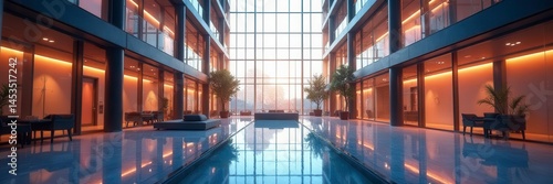 Glass atrium, towering glass walls, bright interior, light, architecture, structure