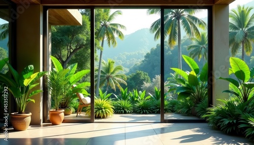 Glass-walled home, vibrant tropical garden backdrop , villa, wall, peaceful
