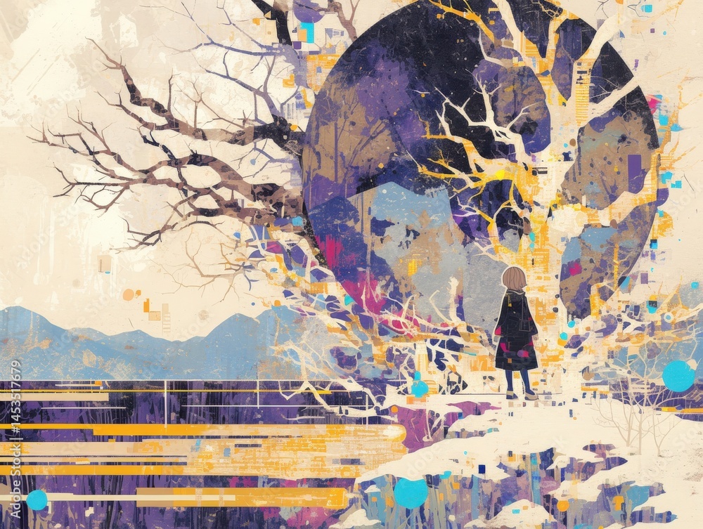 Fototapeta premium Figure gazing at an abstract moon with branches. Painting with soft colors