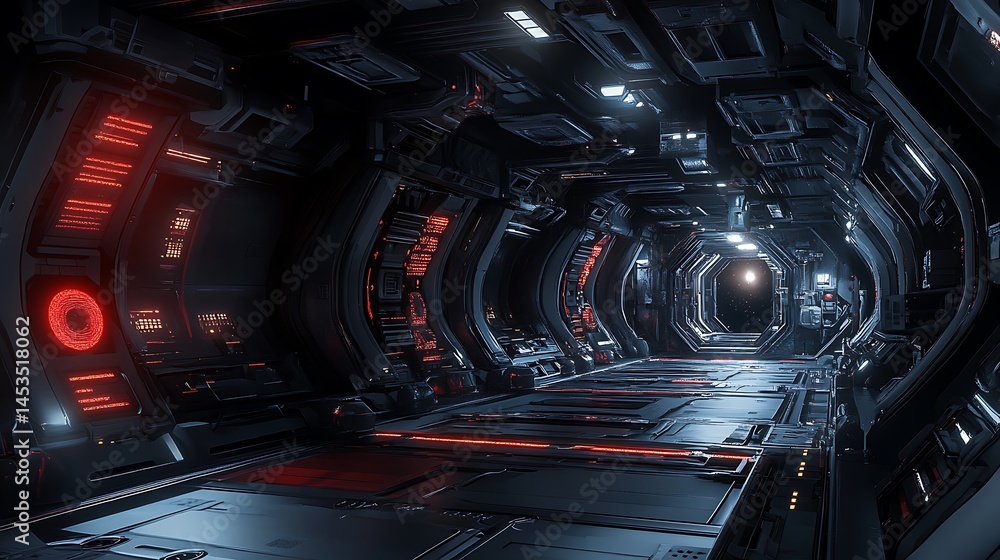 Obraz premium Walking Through Futuristic Space Station Corridor with Glowing Lights
