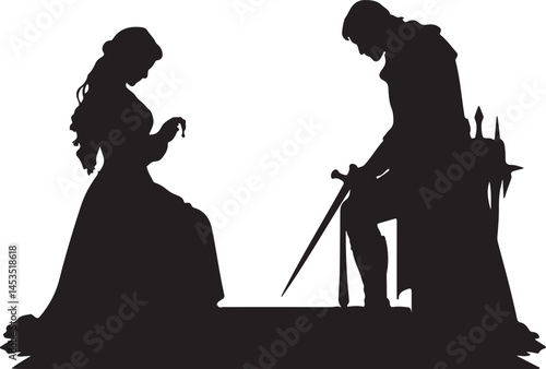Silhouette of Medieval Knight Kneeling Before a Queen: Fantasy Art Illustration of Royalty, Love, and Chivalry in Black and White