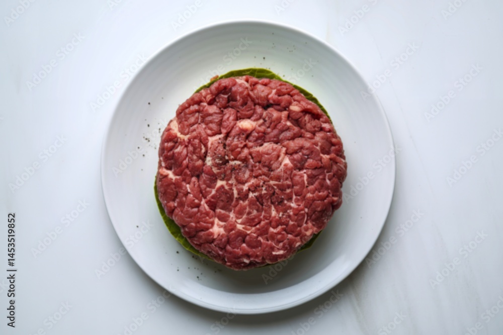 A top view photo of a raw beef burger A top view photo of a raw beef burger