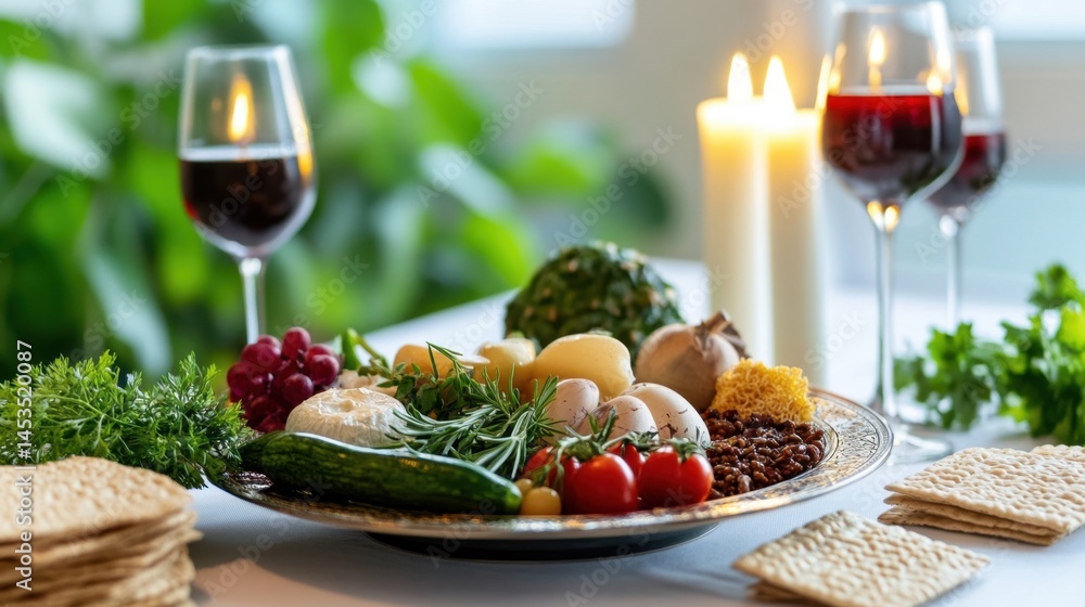 Decorated Passover table with ornate Seder plate holding all symbolic foods, framed by candles and matzah Decorated Passover table with ornate Seder plate holding all symbolic foods, framed by candles and matzah