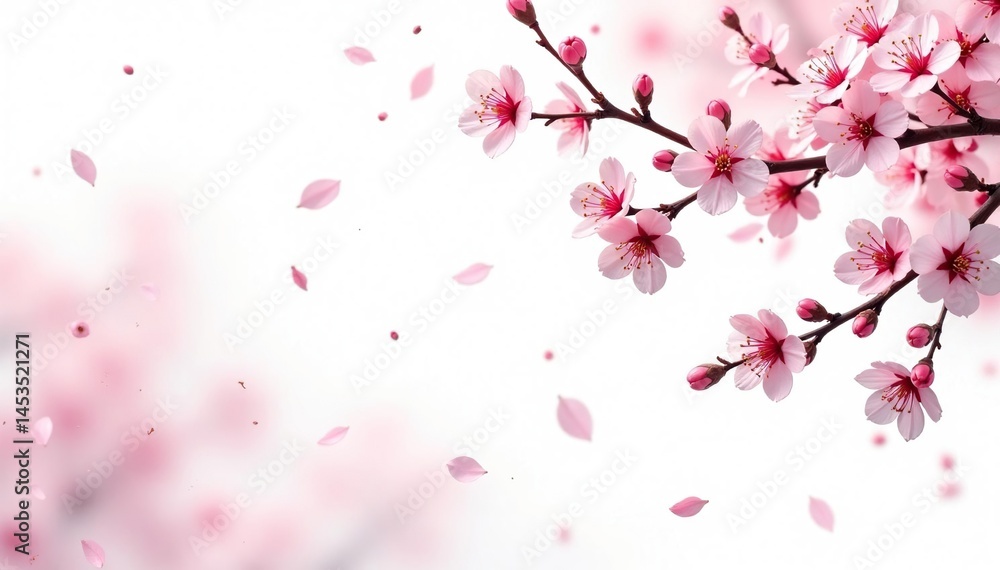 Naklejka premium Intricate sakura branch pattern, scattered blossoms, white background , nature, textile
