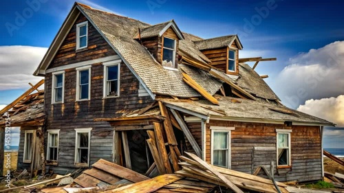 Abandoned dilapidation A weathered wooden house in ruins, succumbing to the elements under a vast sky.