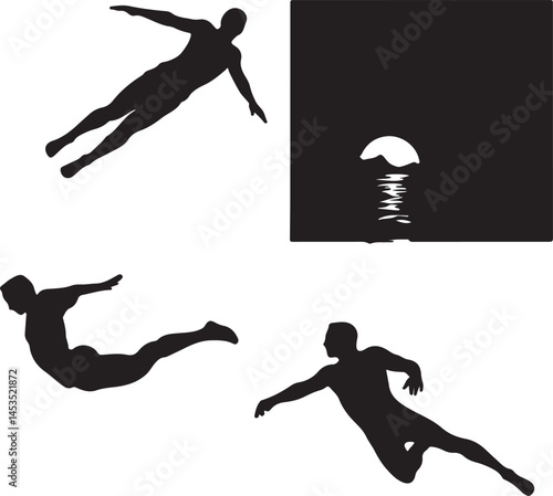 Silhouette Art: Man Diving, Swimming, or Flying Above Water Under a Moonlit Sky - Vector Illustration of Aquatic Freedom and Serenity
