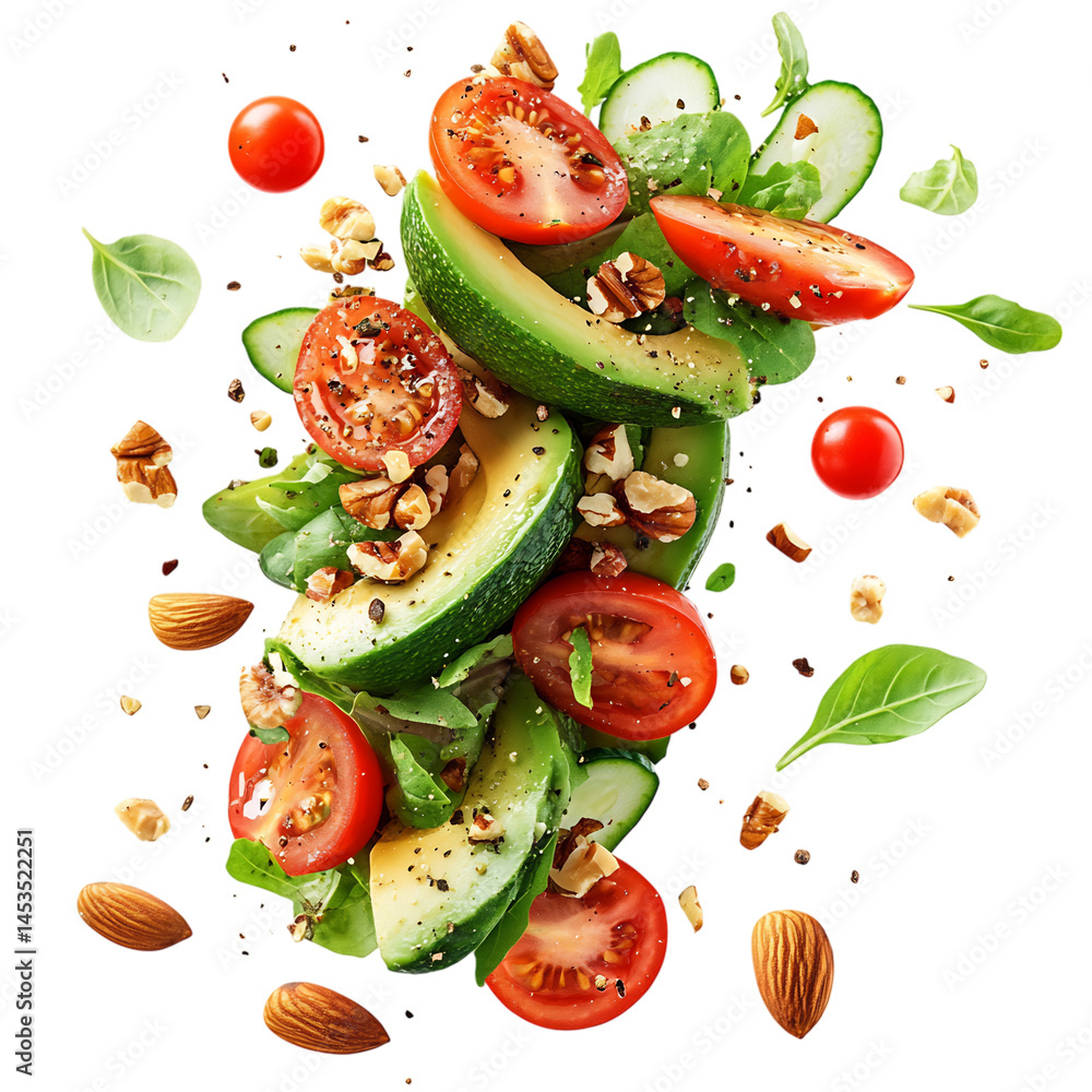 A Flying Avocado Salad with Tomatoes Almonds and Basil Isolated on Transparent Background A Flying Avocado Salad with Tomatoes Almonds and Basil Isolated on Transparent Background