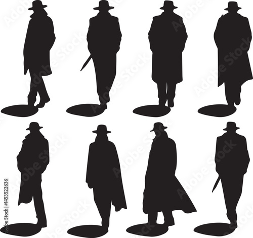 Silhouette of Men in Hats and Coats: Mysterious Figures, Noir Style, Shadowy Characters, Vintage Fashion, Detective Clipart, Vector Graphics