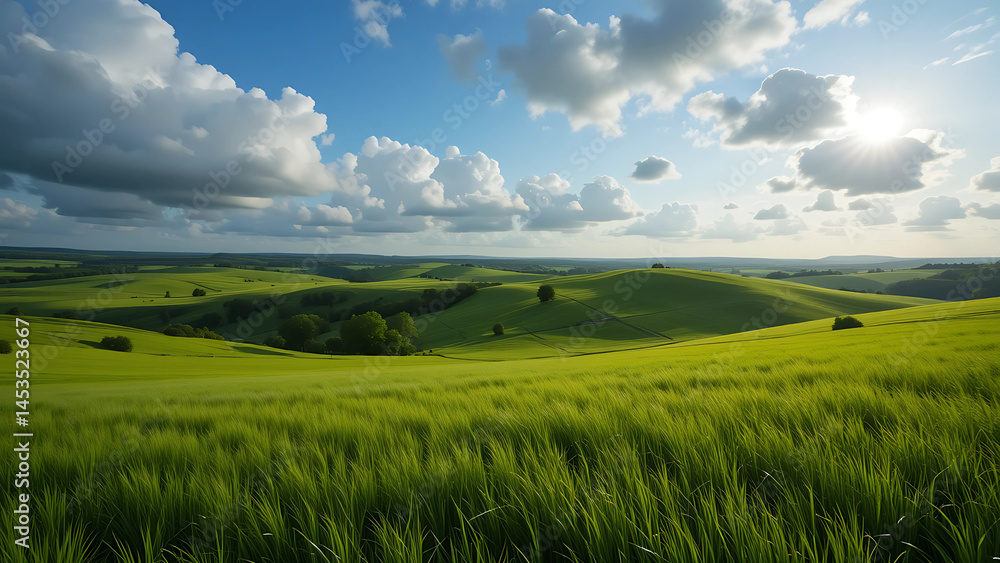 Obraz premium Landscape green hills and blue sky with clouds scenic view nature photography background wallpaper on transparent background