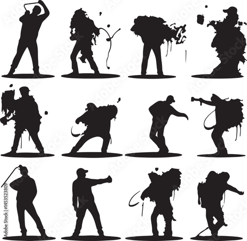 Silhouette Vector Art: Indiana Jones Style Adventurer with Whip, Action Poses, Archeology, Adventure, Retro Film Character Design Elements