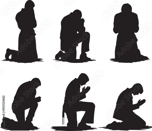 Silhouette Vector Art of People Praying on Knees: Religious Devotion, Faith, Worship, Spirituality, Contemplation, and Supplication Graphics