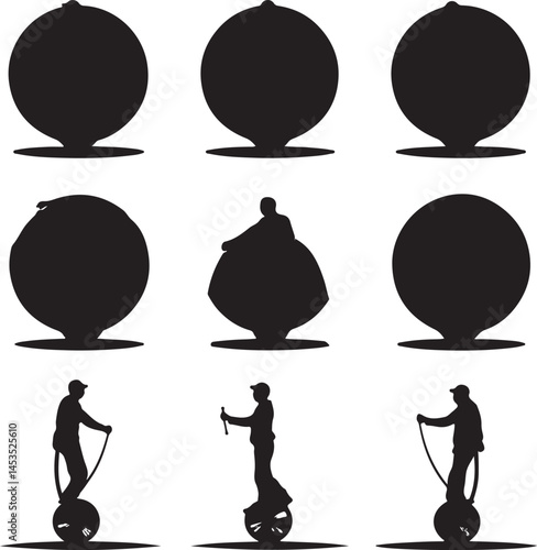 Black and White Silhouette Illustration of Person on Segway and Abstract Spherical Shapes | Modern Graphic Design for Websites and Print