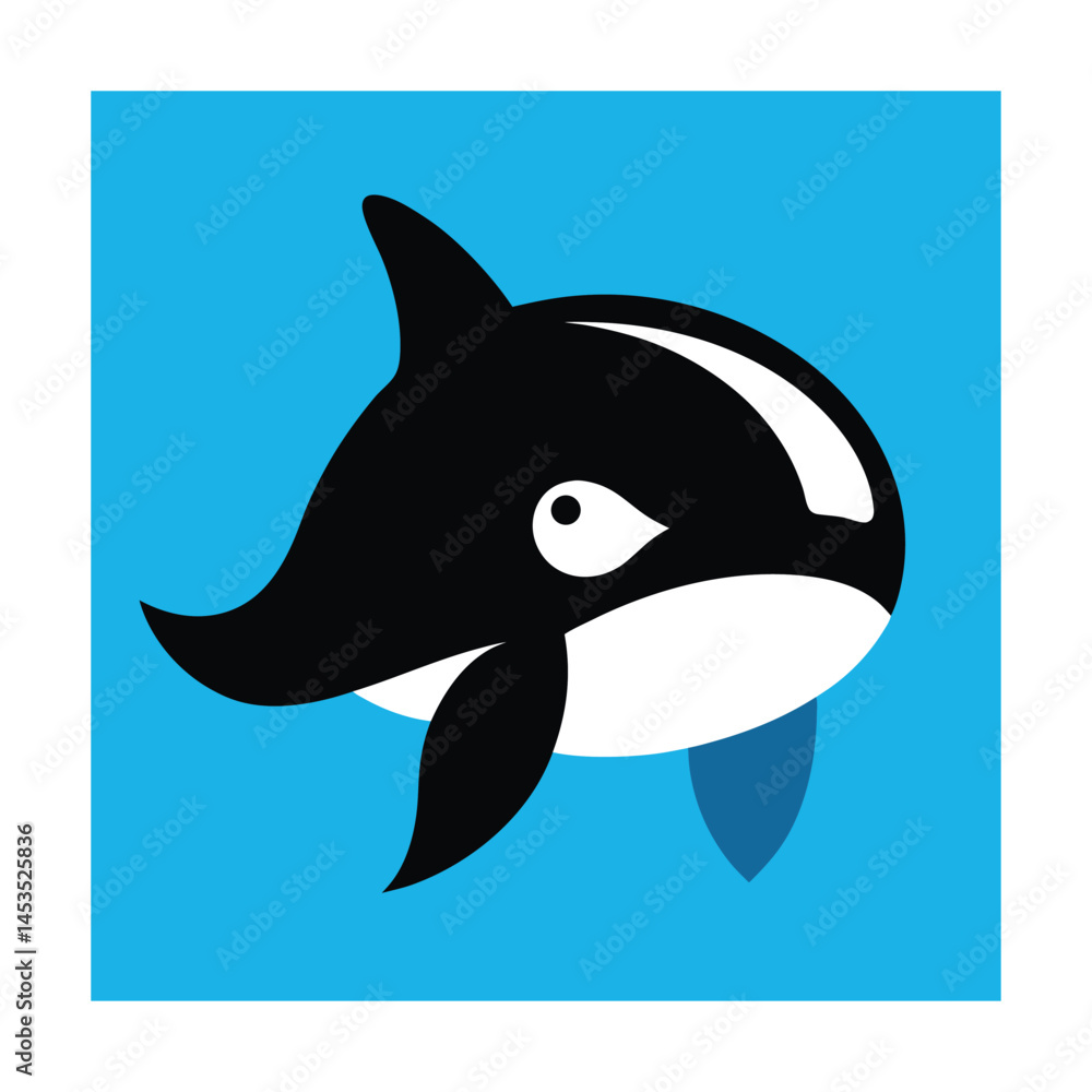 Fototapeta premium Simple cartoon illustration of a playful orca whale with black and white markings on blue background