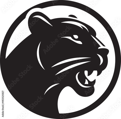 Illustration of Jaguar animal head in circle, black on white background. 