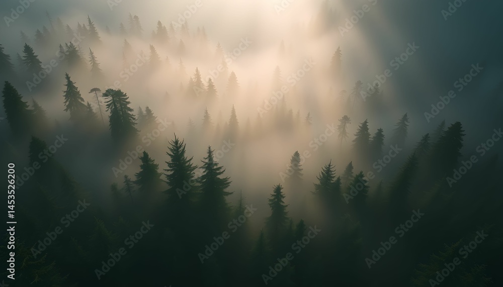 Obraz premium Aerial view of misty forest, foggy pine trees, golden sunbeams, atmospheric landscape, moody lighting, ethereal scenery, cinematic, dramatic shadows, nature photography