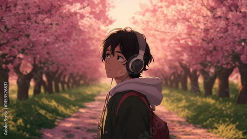 Anime Boy in Headphones Enjoying Lo-Fi Music and Spring Cherry Blossom Pathway