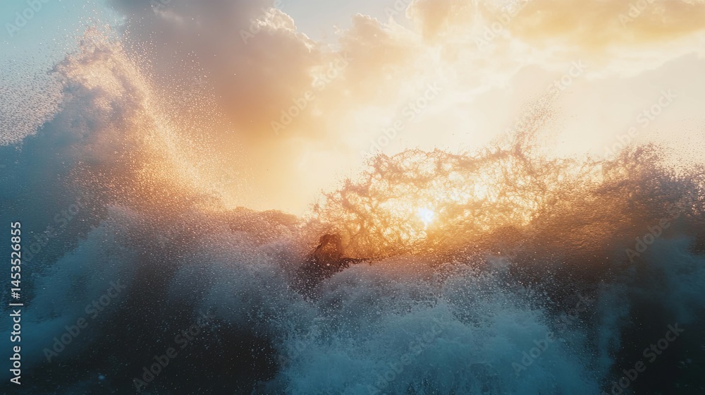 Fototapeta premium Ocean Wave Sunset: Golden Light, Dramatic Spray, Serene Seascape