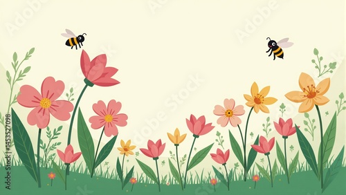 Floral Meadow With Bees Illustration