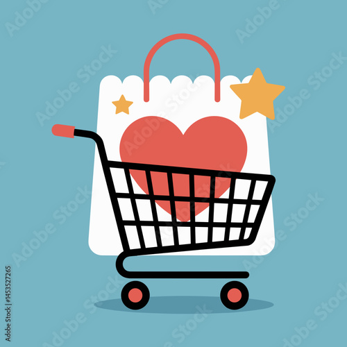 Shopping Cart with Heart and Loyalty Star Icon