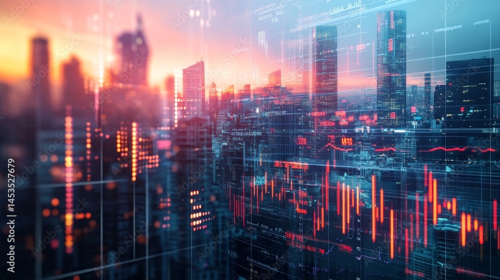 Fototapeta premium double exposure of a stock market ticker and financial charts overlaid with a bustling city skyline, symbolizing economic activity