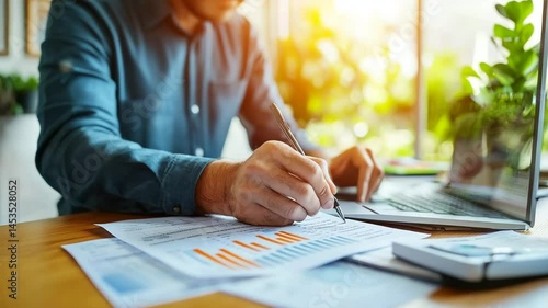 Professional Person Analyzing Data and Financial Reports at Desk