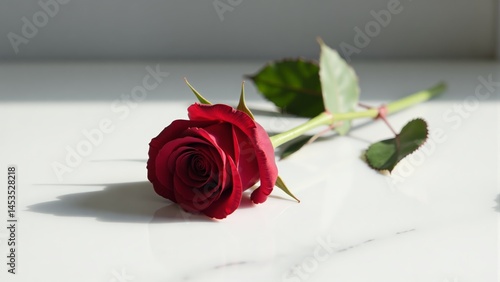 Single Red Rose On White Surface