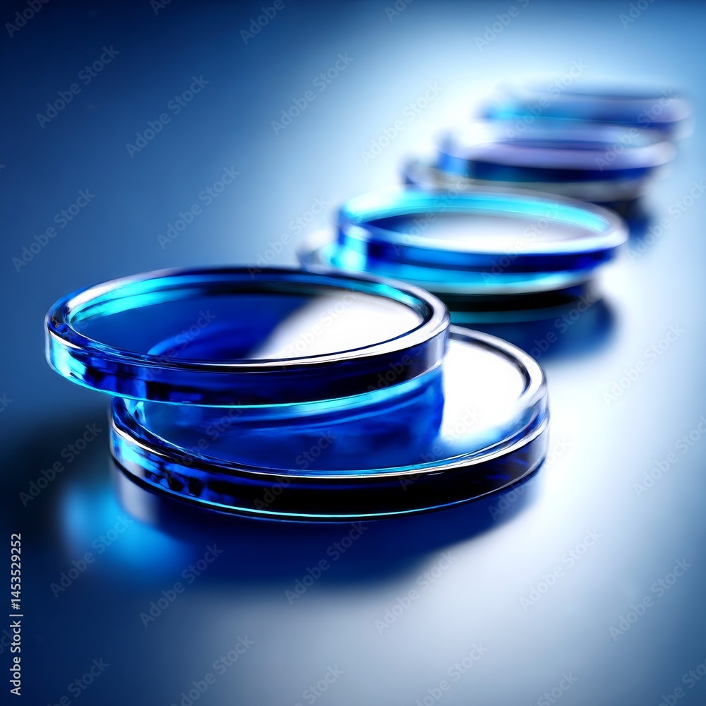 Blue Glass Stacks on a Gradient Background, Reflecting Light with a Layered and Circular Pattern. Blue Glass Stacks on a Gradient Background, Reflecting Light with a Layered and Circular Pattern.