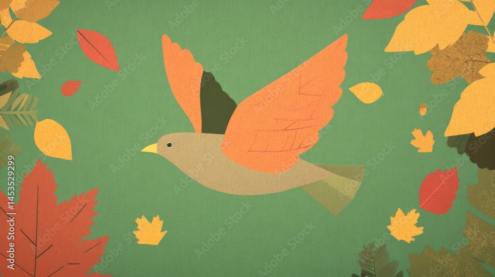 Obraz premium Colorful Autumn Illustration: Bird Flying Among Falling Leaves on Textured Background