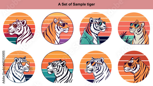 Eight diverse cartoon tigers wearing sunglasses against retro sunset backgrounds are displayed in this art