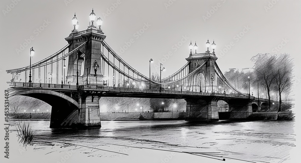 Obraz premium Bridge lit up with streetlights over a river design in sketch hand drawing black and white on plain white background