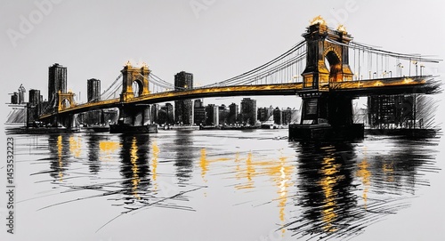 City bridge with glowing lights and reflections on the water design in sketch hand drawing black and white on plain white background