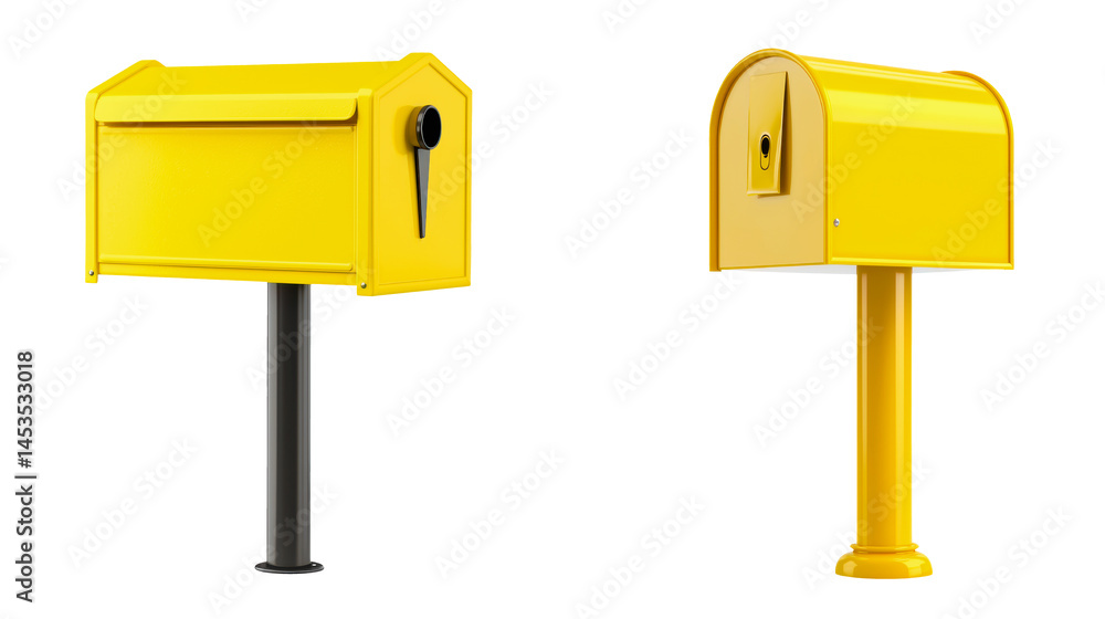 Two vibrant yellow mailboxes side by side, each with its own design and character. The mailboxes are positioned in front, suggesting readiness for receiving letters and packages. Two vibrant yellow mailboxes side by side, each with its own design and character. The mailboxes are positioned in front, suggesting readiness for receiving letters and packages.