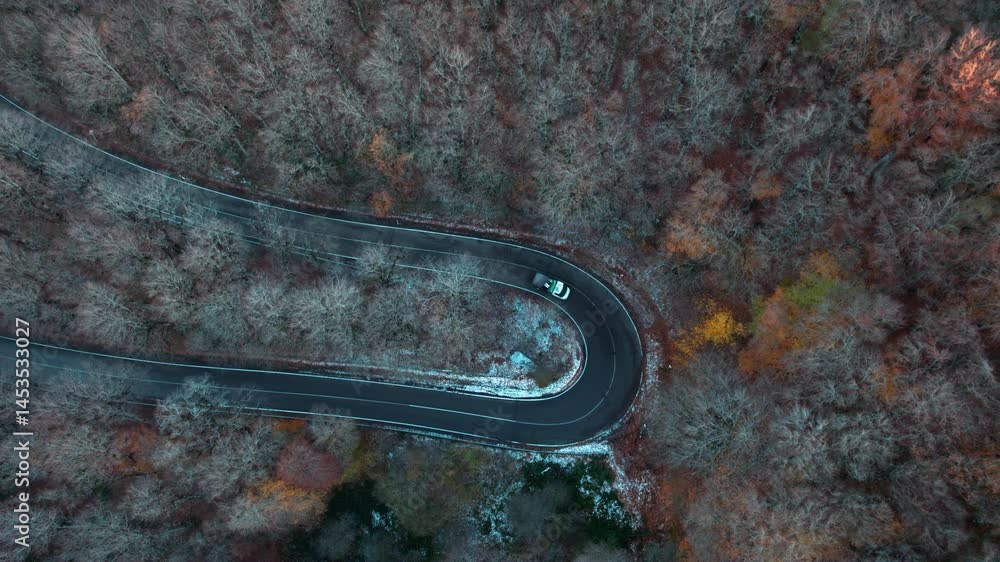 Aerial view of a winding mountain road cutting through dense autumn forest. Serpentine highway on a hillside covered in vibrant fall foliage. Aerial view of a winding mountain road cutting through dense autumn forest. Serpentine highway on a hillside covered in vibrant fall foliage.