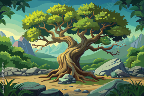 Lush Landscape with Majestic Tree and Mountain View