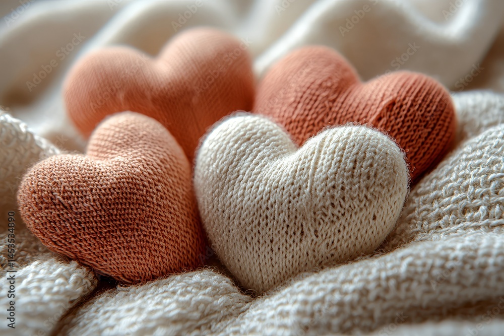 Obraz premium Hyper-realistic 3D close-up of fabric hearts stitched together, with visible thread texture on soft cotton cloth.