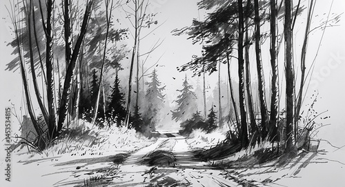 Forest path with tall trees and underbrush design in sketch hand drawing black and white on plain white background