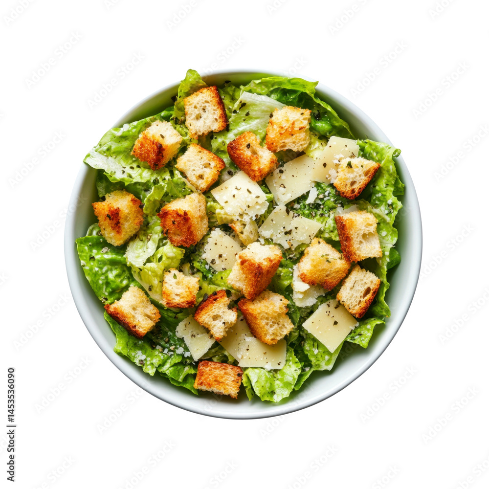 Fresh Caesar Salad in a White Bowl - Overhead Shot Fresh Caesar Salad in a White Bowl - Overhead Shot