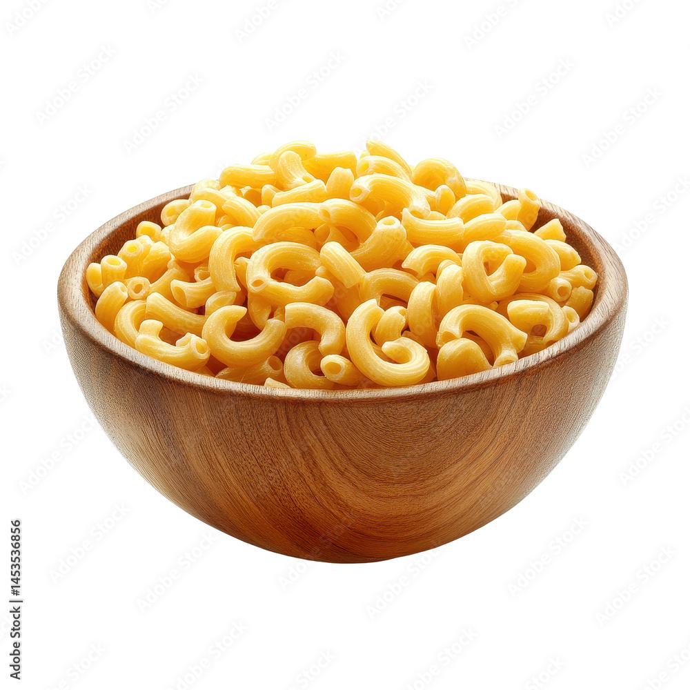 Raw macaroni displayed in a wooden bowl against a Transparent background for culinary use, Pile of raw macaroni in wood bowl on PNG background Raw macaroni displayed in a wooden bowl against a Transparent background for culinary use, Pile of raw macaroni in wood bowl on PNG background