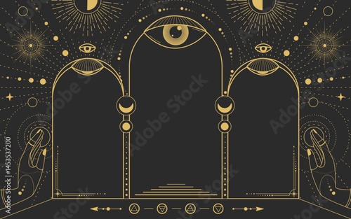 Modern magic witchcraft astrology arch frame with all-seeing eye, the Four Elements, stars, hands, sun and moon. Line art occult vector illustration