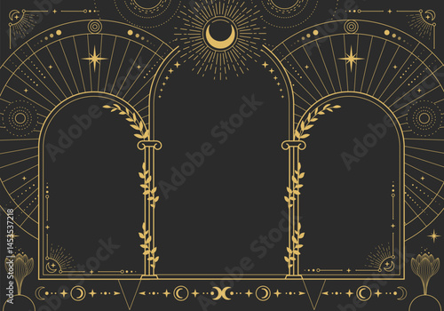 Modern magic witchcraft astrology arch frame with moon phases, arch, columns, flowers, stars, sun and moon. Line art occult vector illustration